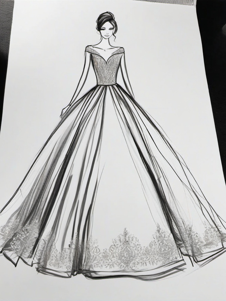 drawing of a wedding dress  minimal rough sketch scribbles,doodles,black and white