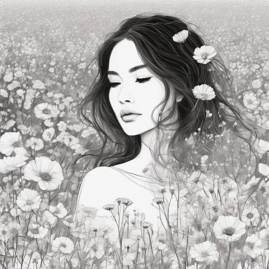 drawing of a woman in a field of flowers  minimal rough sketch scribbles,doodles,black and white