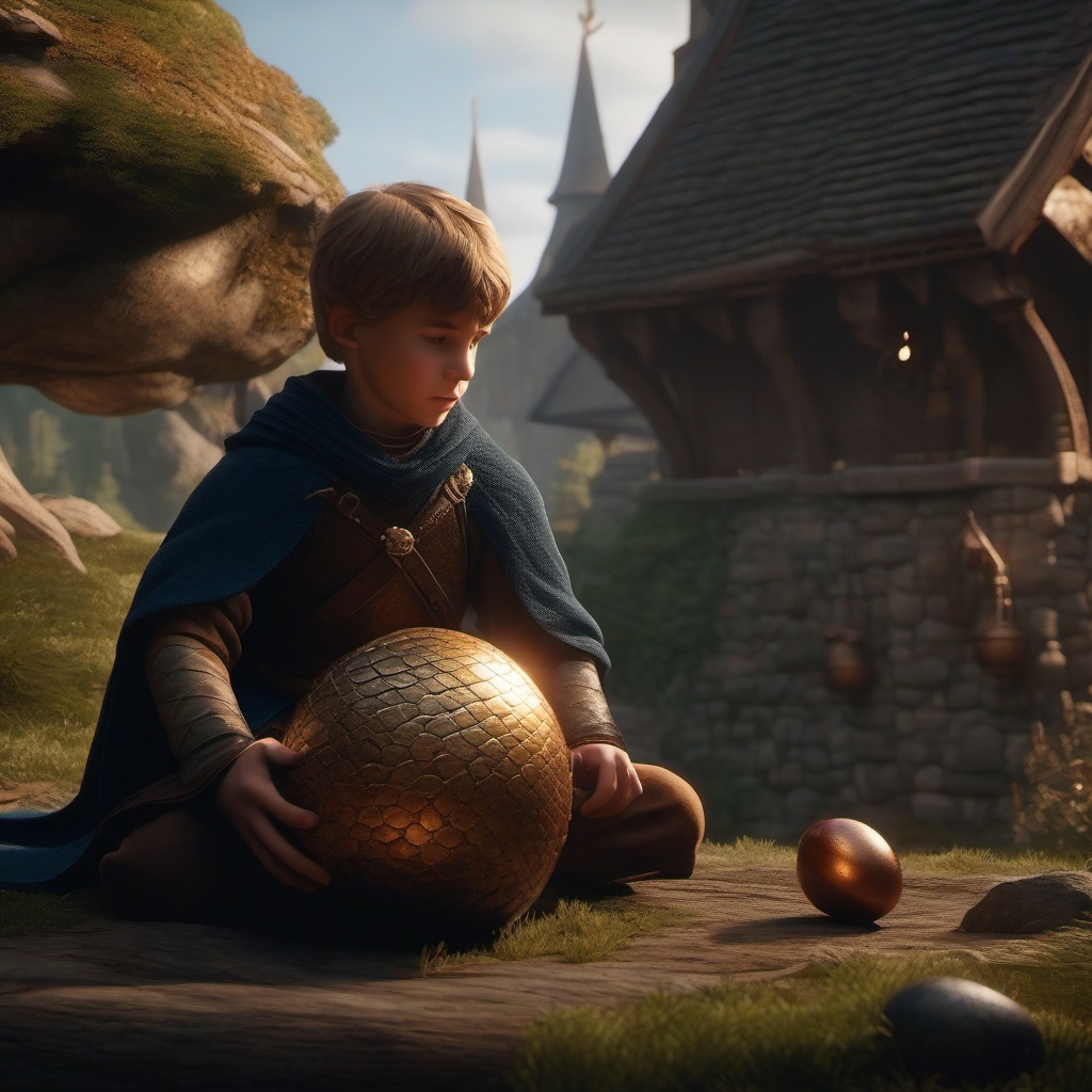 In a medieval kingdom, young squire discovers a dragon's egg and must decide whether to protect or destroy it.  8k, hyper realistic, cinematic