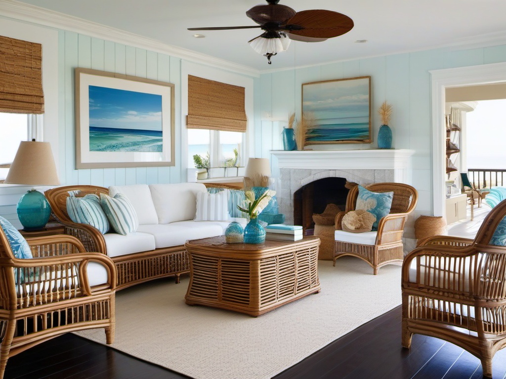 Beach house living room with rattan furniture and ocean-themed decor.  