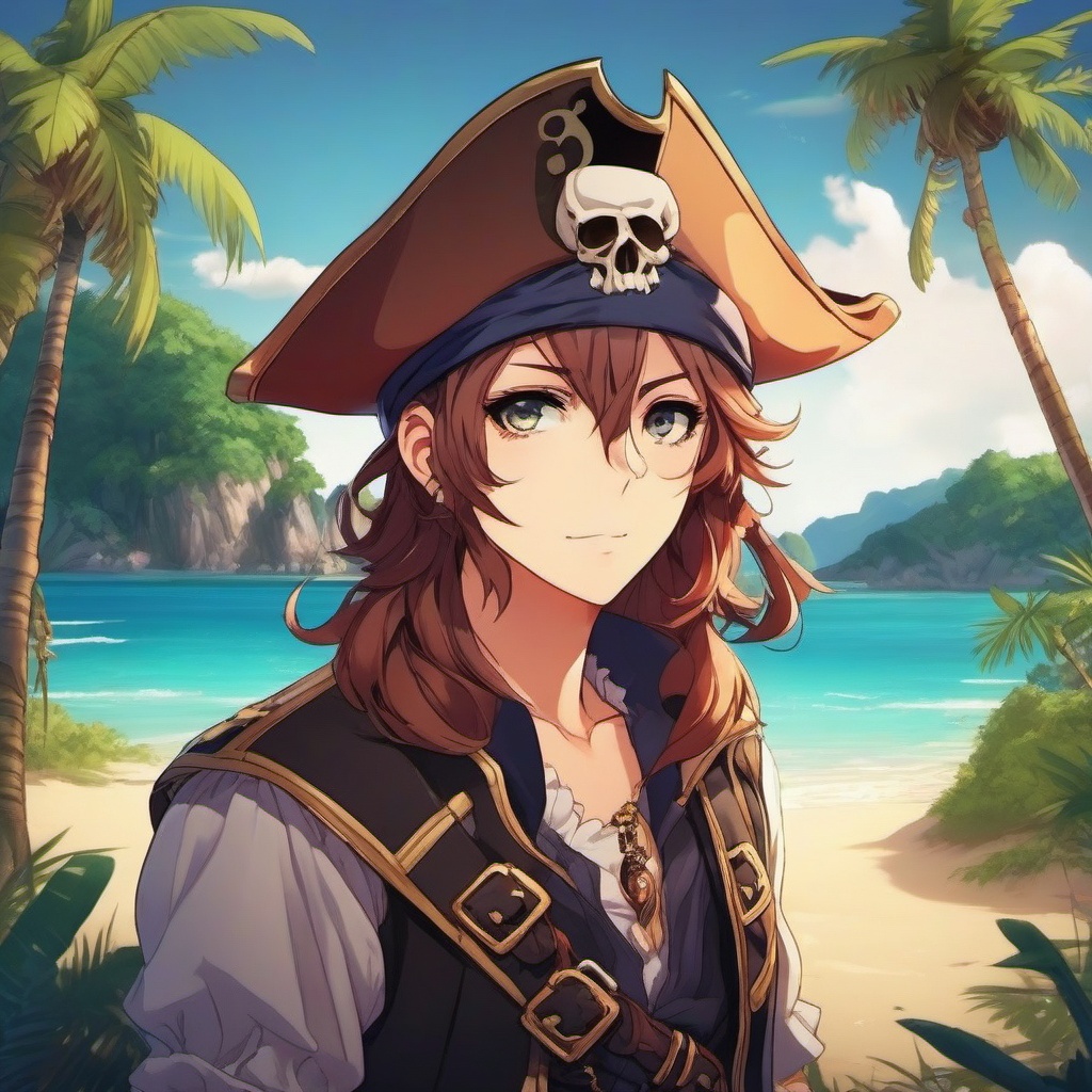 Mischievous pirate on a deserted island.  front facing ,centered portrait shot, cute anime color style, pfp, full face visible