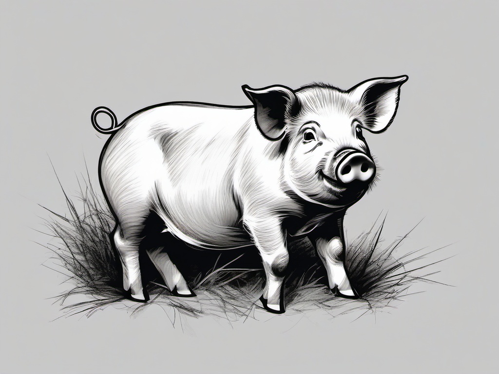 drawing of a pig snuggling in hay  minimal rough sketch scribbles,doodles,black and white