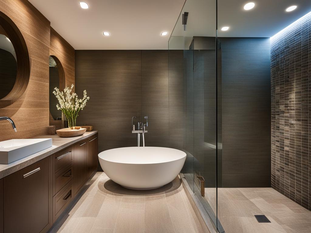 spa-like bathroom with a rain shower and natural stone accents. 