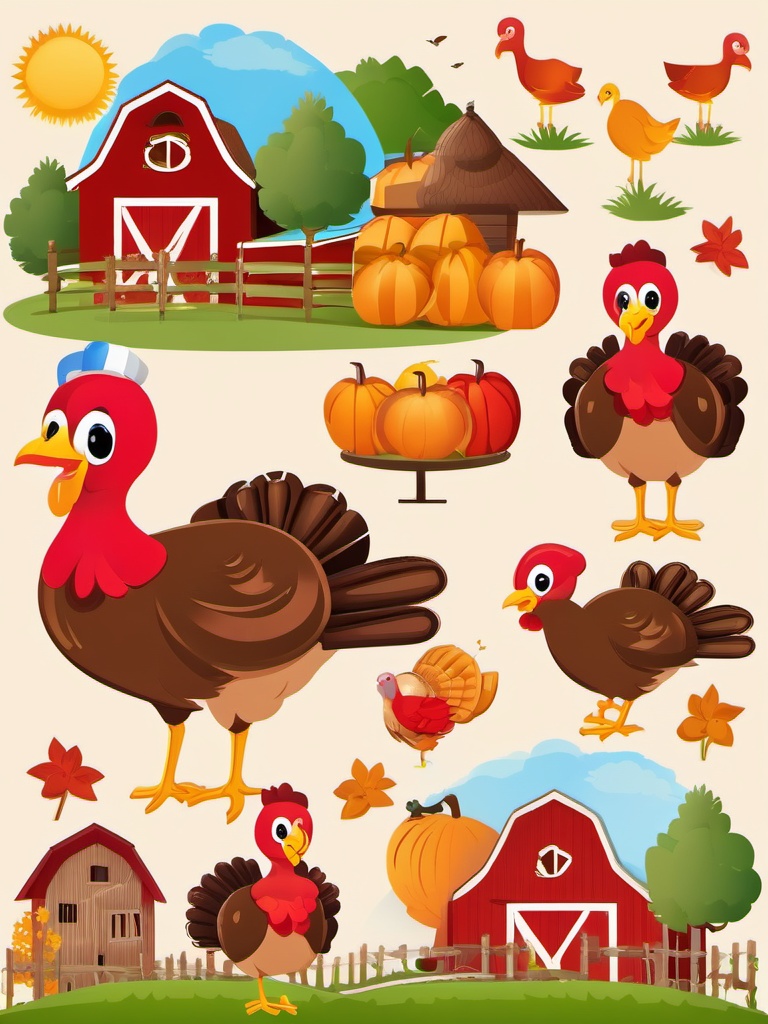 Turkey Family clipart - Turkey family on a farm, ,vector color clipart,minimal