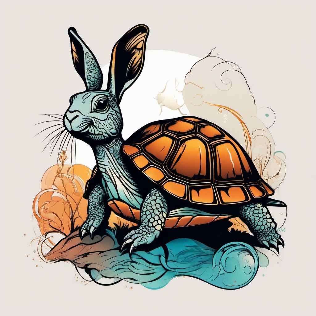 turtle and rabbit tattoo  minimalist color tattoo, vector