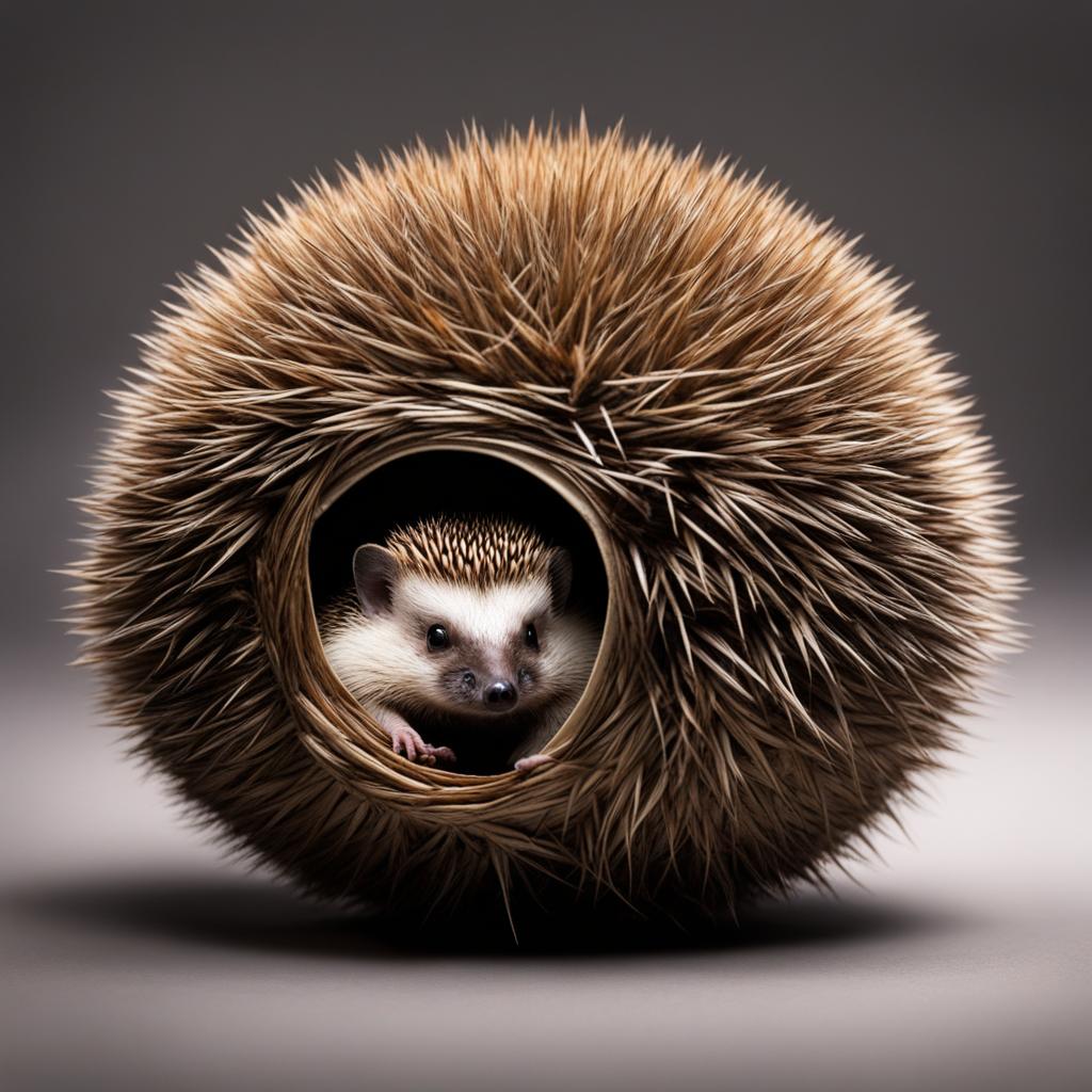 tiny hedgehog curled into a ball, its spines forming a protective shield. 