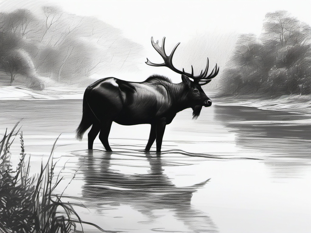 drawing of an animal by a river  minimal rough sketch scribbles,doodles,black and white