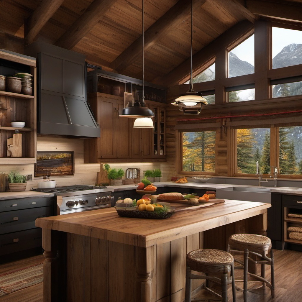 Mountain Cabin Cooking - Bring the cozy charm of a mountain cabin into your kitchen. , kitchen layout design ideas, multicoloured, photo realistic, hyper detail, high resolution,