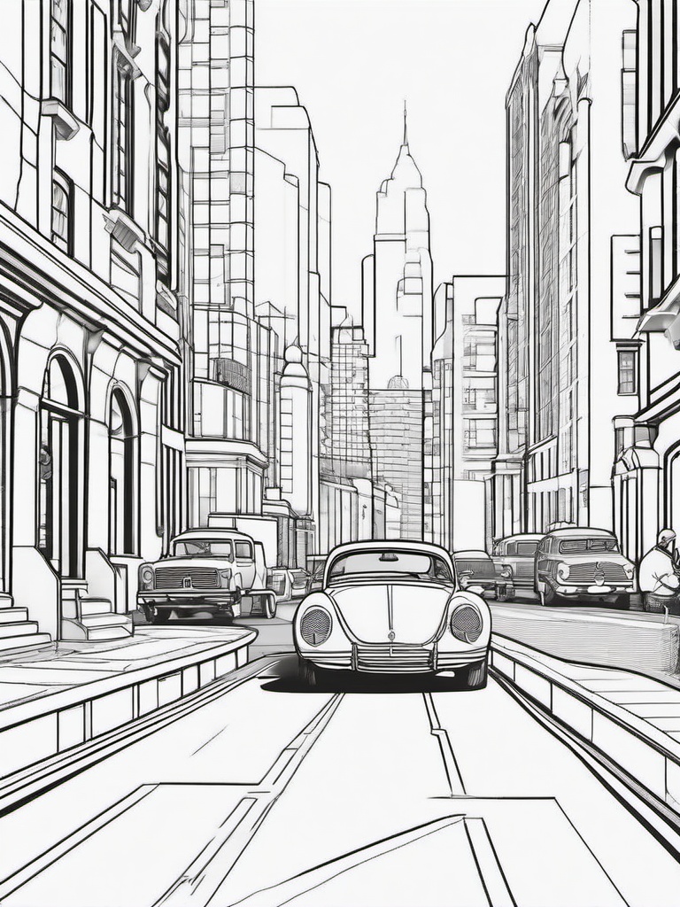 Car in a City Coloring Pages - Urban Scene with Cars on Streets  minimal black outline printable sheet, coloring page