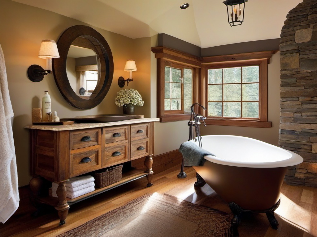 Rustic bathroom highlights wooden cabinetry, a clawfoot tub, and natural stone accents, evoking a cozy and charming retreat.  