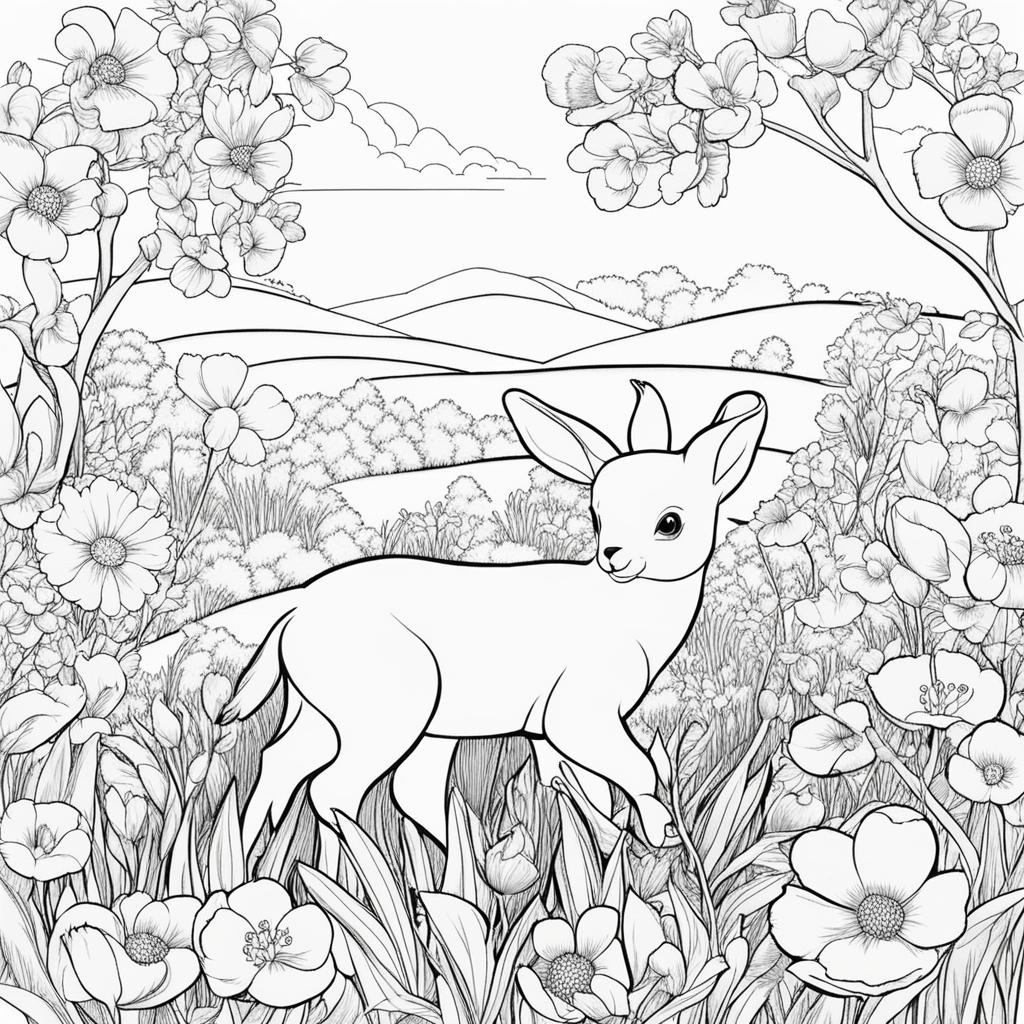 spring coloring pages - baby animals play in a field of blooming spring flowers. 