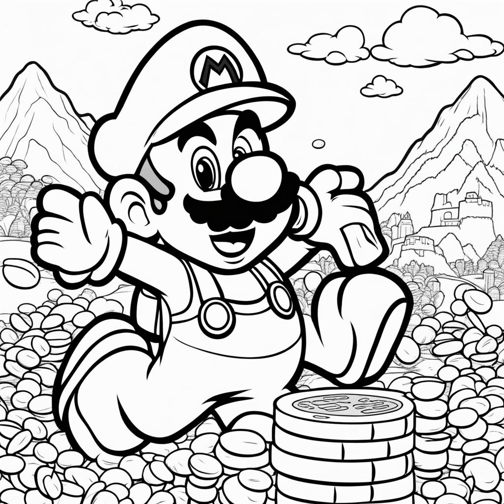 mario coloring pages - mario collects coins on an adventurous journey. 