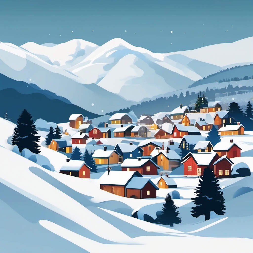 Snowy Village Scene clipart - Snow-covered village nestled in hills, ,vector color clipart,minimal