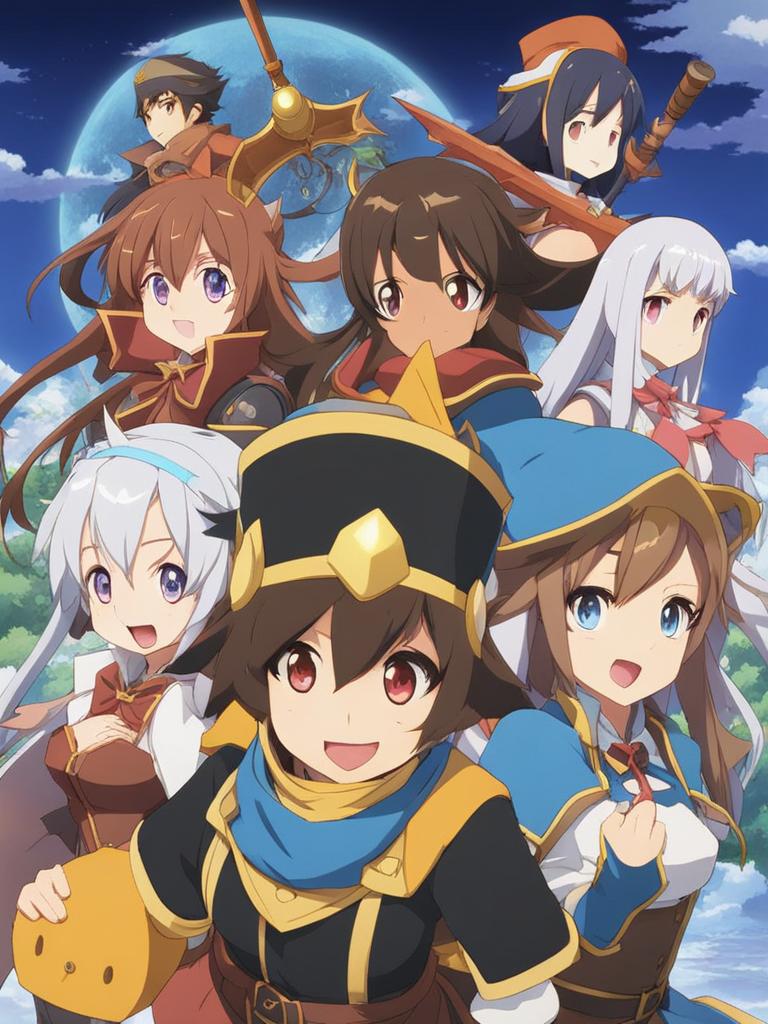 konosuba's zany adventurers embark on comical quests in a whimsical, fantasy realm. 