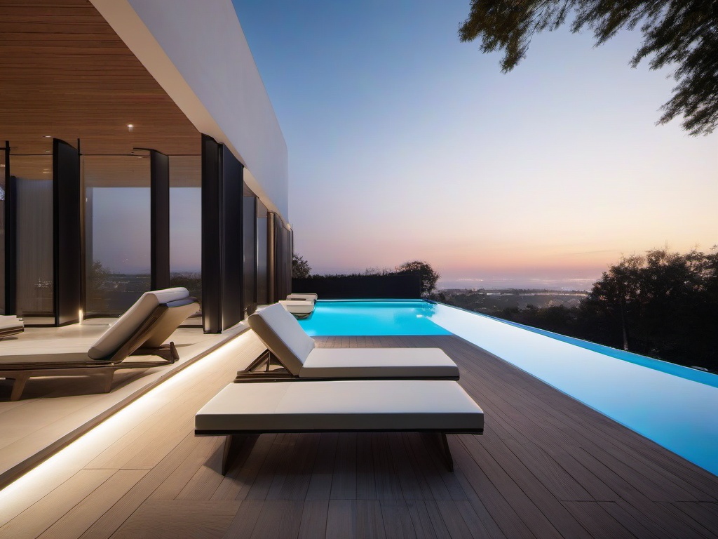 Bauhaus pool area includes sleek, minimalist loungers, functional outdoor lighting, and clean geometric design elements, creating a modern and relaxing space by the pool.  