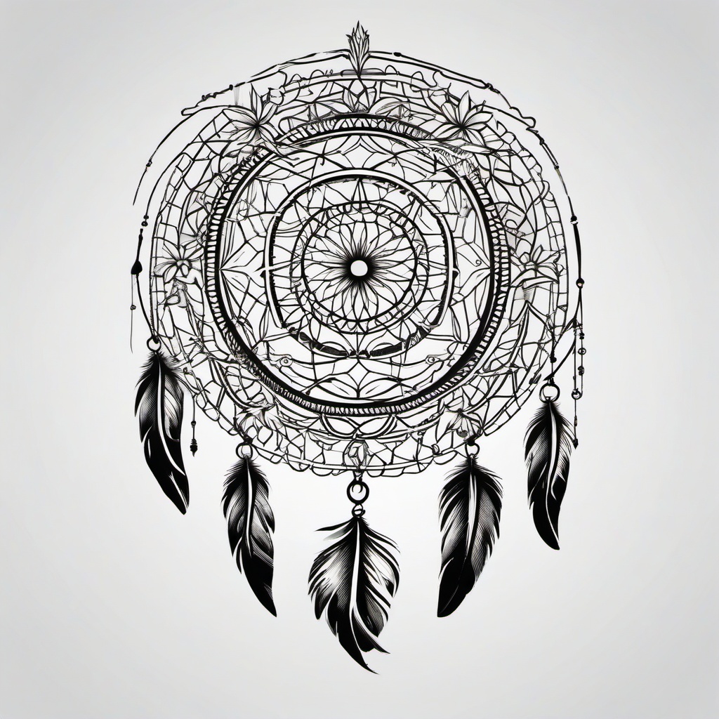 Detailed Dream Catcher Tattoo - Tattoo featuring a highly detailed design of a dream catcher.  simple vector tattoo,minimalist,white background