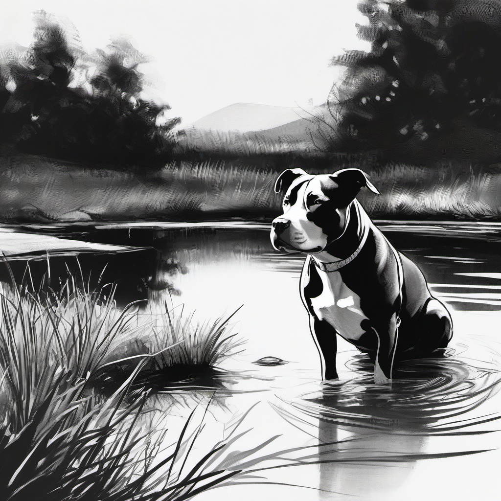 drawing of a pitbull next to a pond  minimal rough sketch scribbles,doodles,black and white