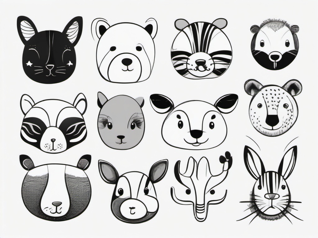 drawing of animals in a cartoon style  minimal rough sketch scribbles,doodles,black and white