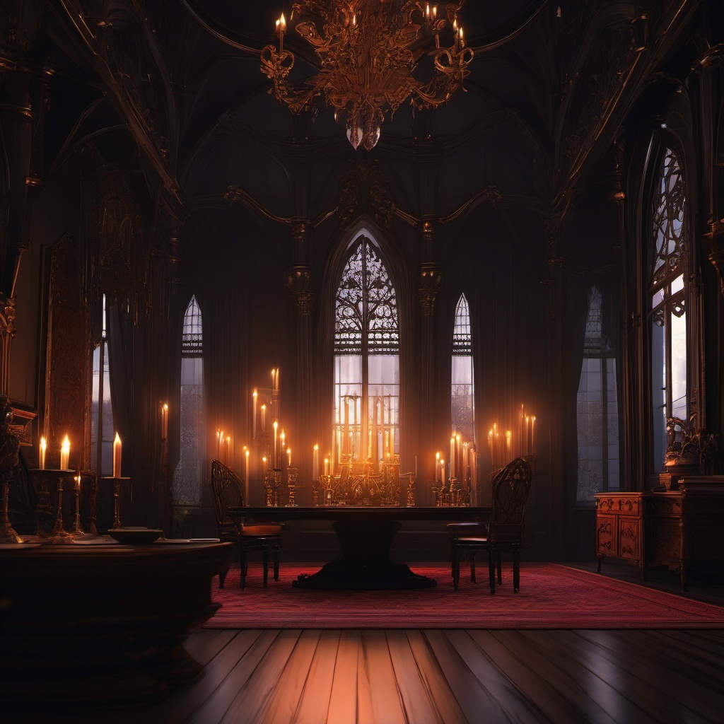 Gothic mansion interior with candlelight. anime, wallpaper, background, anime key visual, japanese manga