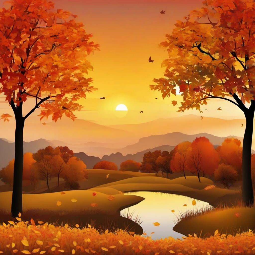 Autumn clipart - autumn landscape with a sunset  