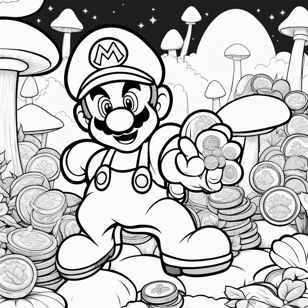 mario coloring pages - mario collects coins on a colorful adventure in the mushroom kingdom. 