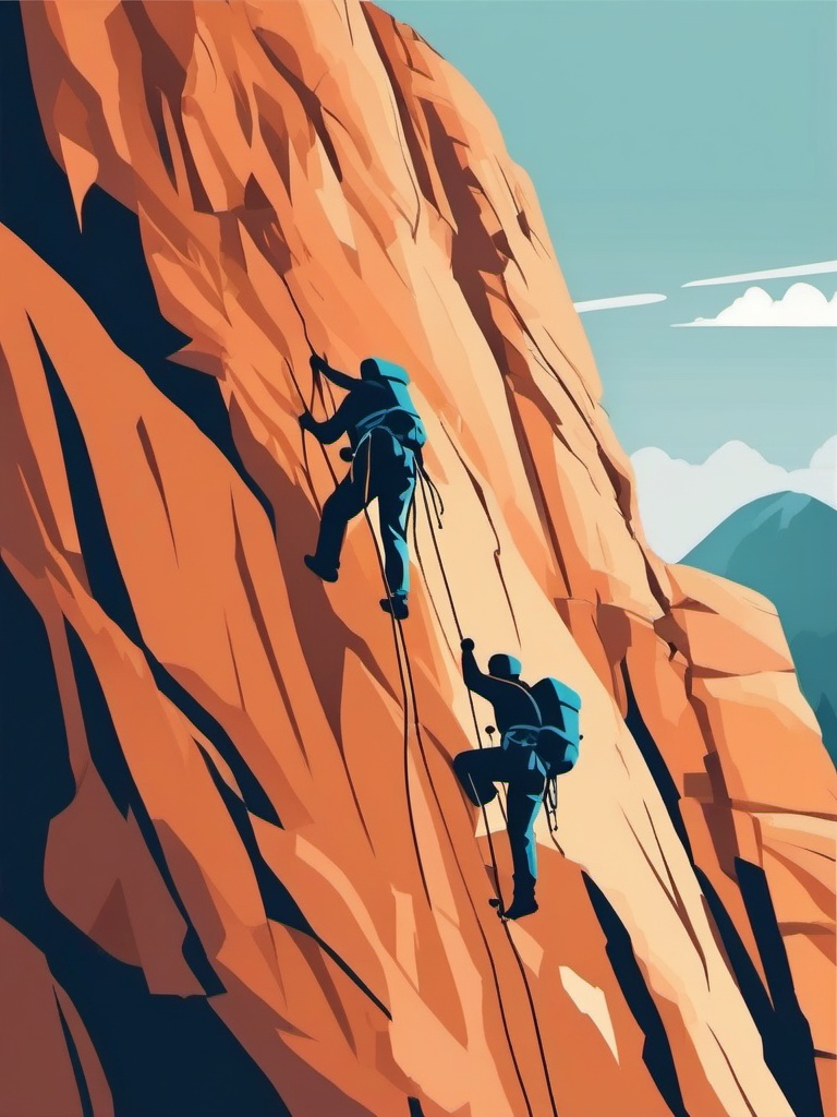 Mountain Climbing Cliff Face Clipart - Climbers on a rugged cliff face.  color vector clipart, minimal style