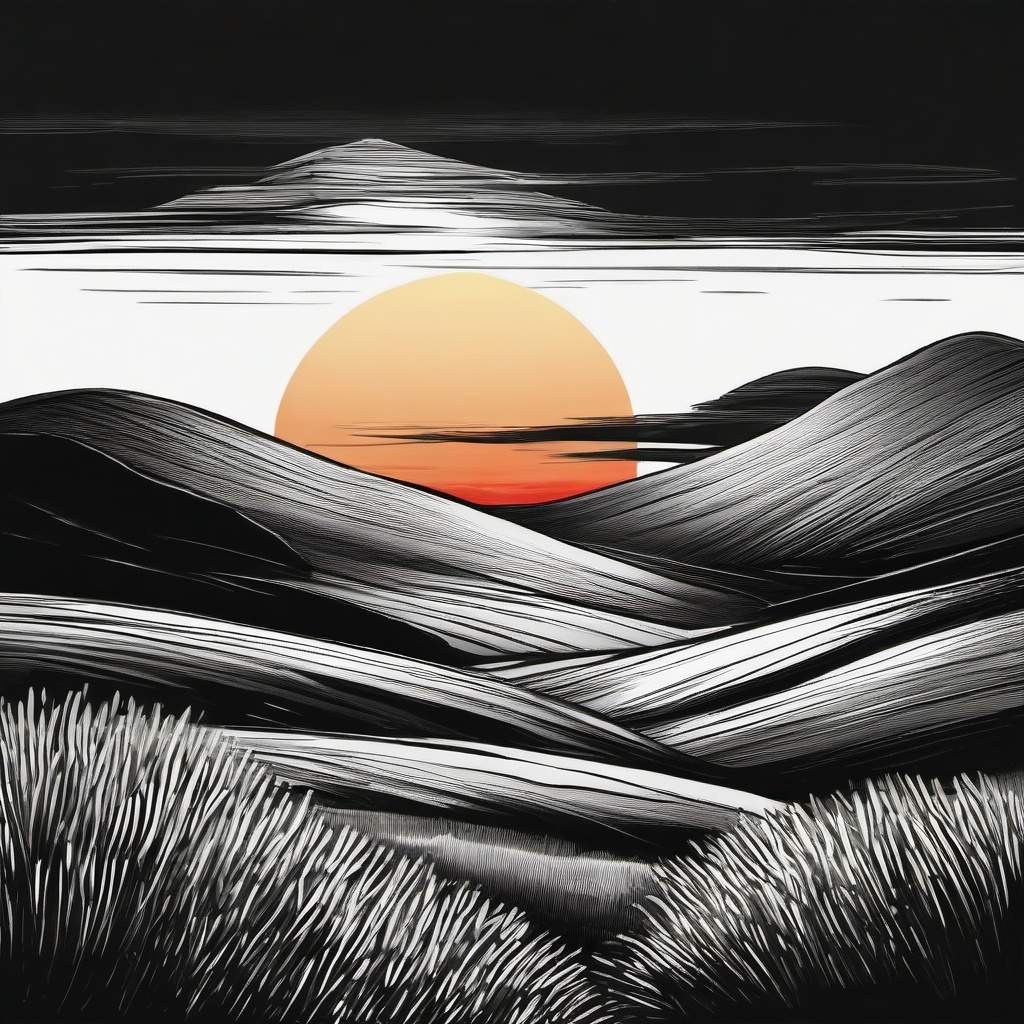 drawing of a sunset over a hill  minimal rough sketch scribbles,doodles,black and white