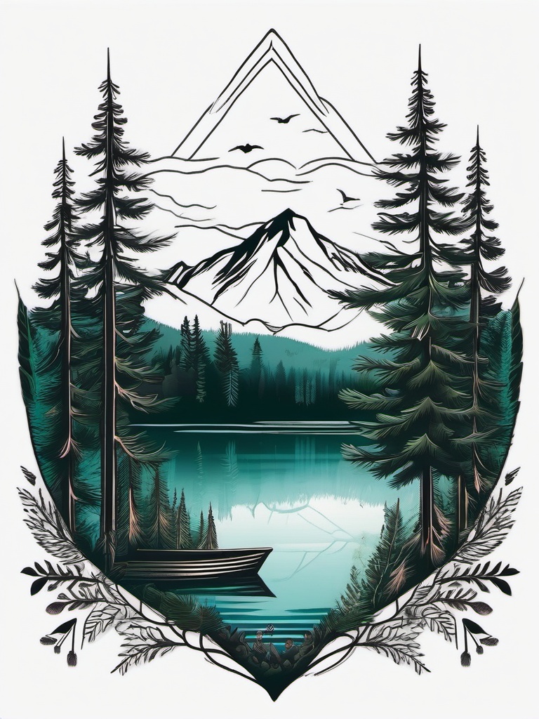 forest lake tattoo  simple color tattoo,white background