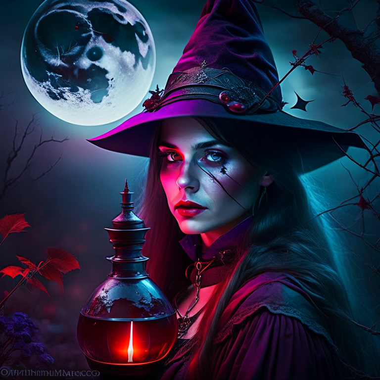 witch of the haunted moor brewing dark potions beneath a blood moon's eerie light. 