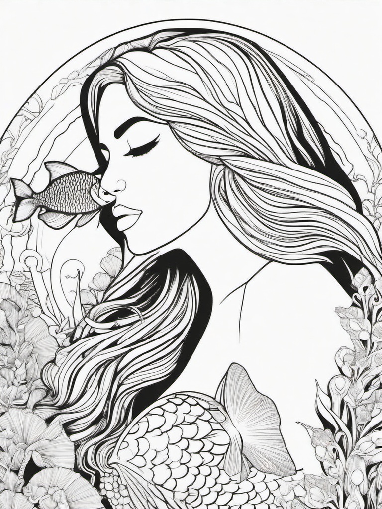 Mermaid Coloring Pages - Half Woman, Half Fish Sea Dweller  minimal black outline printable sheet, coloring page