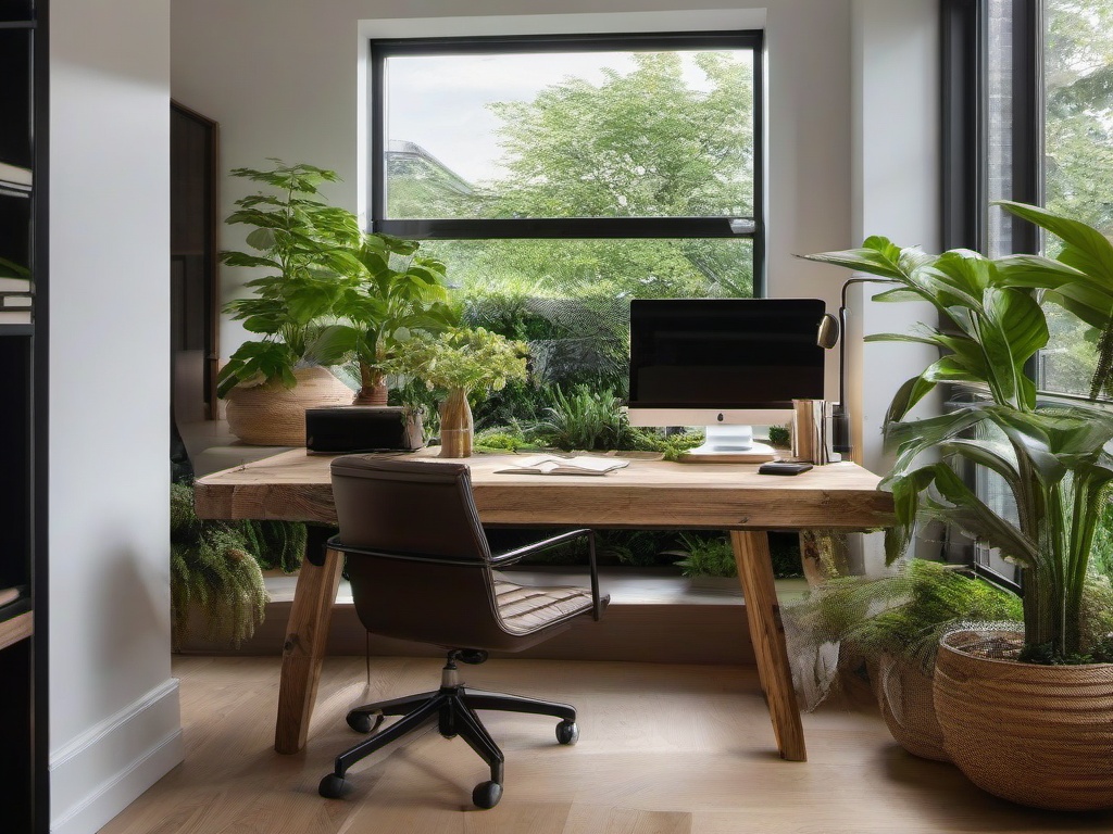 Biophilic interior design in the home office features a large desk made from reclaimed wood, plenty of plants, and views of the garden, creating a productive and inspiring workspace.  