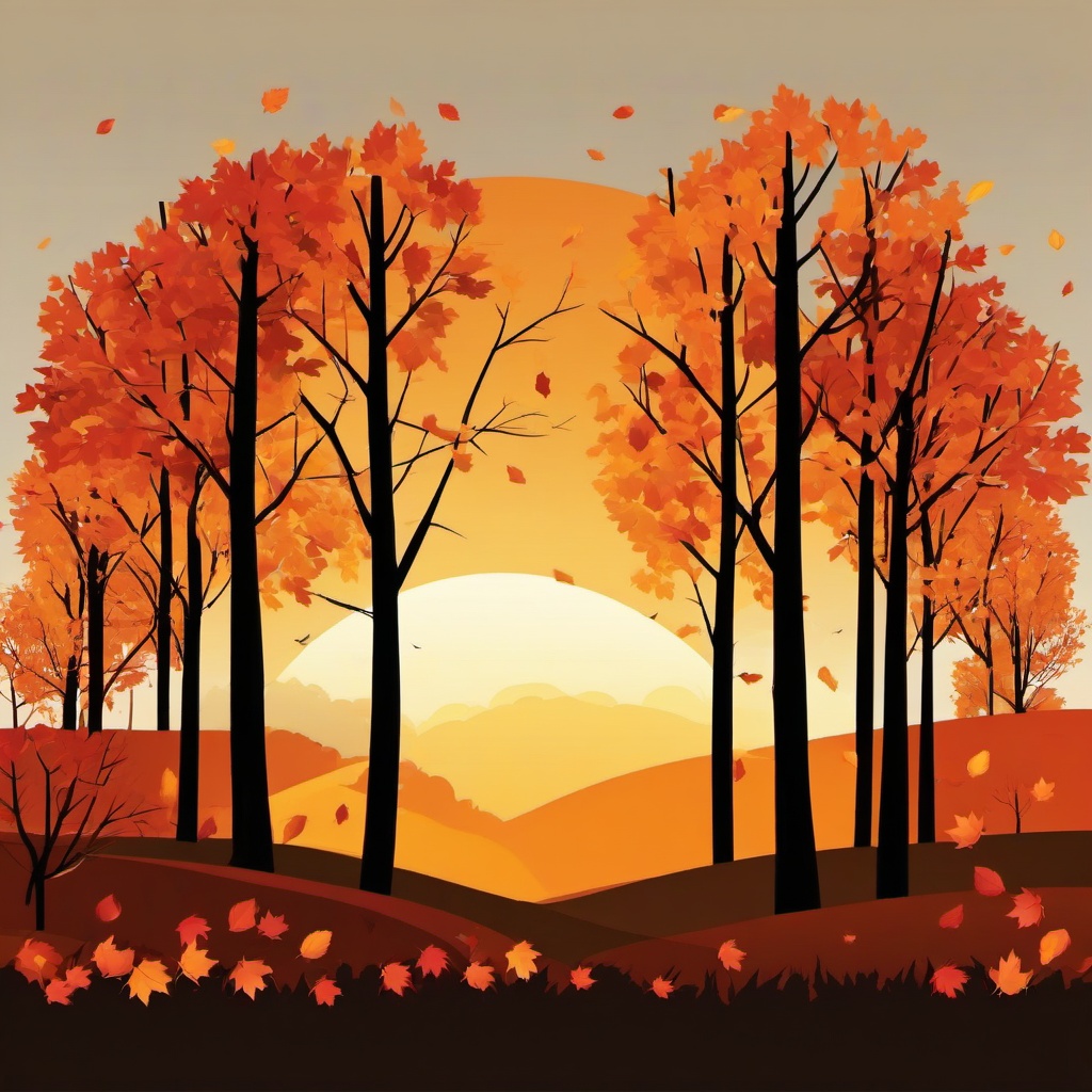 October clipart - autumn sunset with trees and falling leaves  color,minimalist,vector clipart