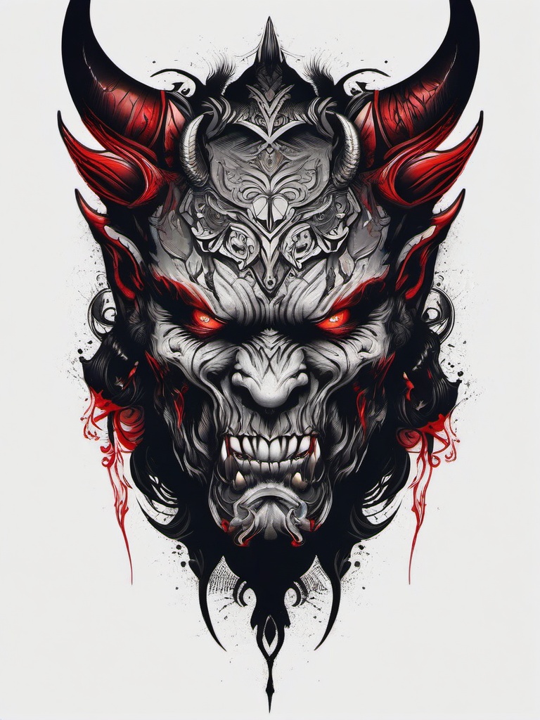 Demon Head Tattoo-Bold and intense tattoo featuring the head of a demon, perfect for those who appreciate dark and fierce aesthetics.  simple color tattoo,white background
