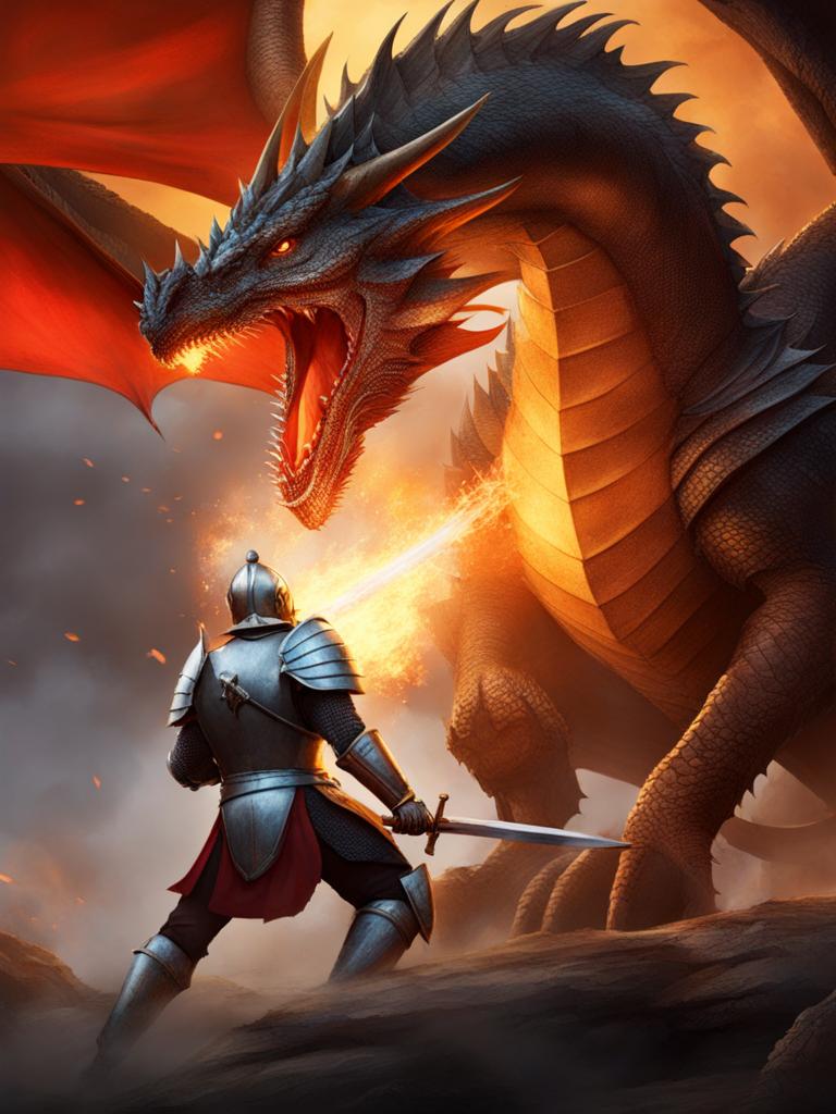 epic battle between a fire-breathing dragon and a valiant knight. 