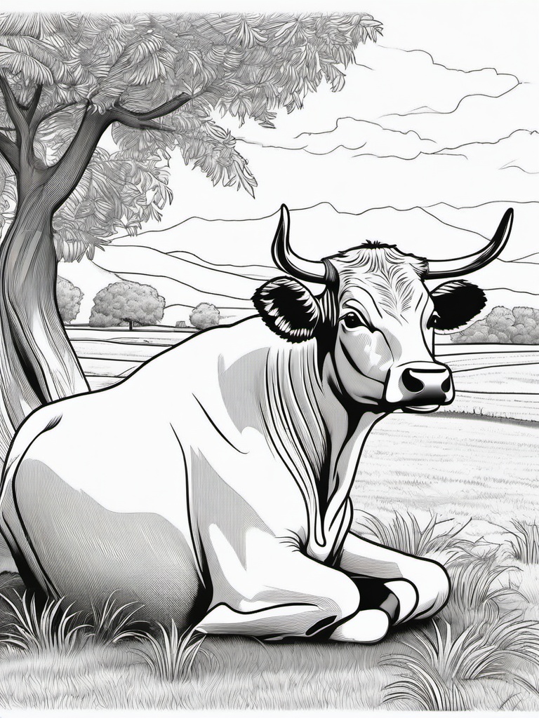 Cow Coloring Pages - Cow sitting under a tree enjoying the shade  simple coloring pages