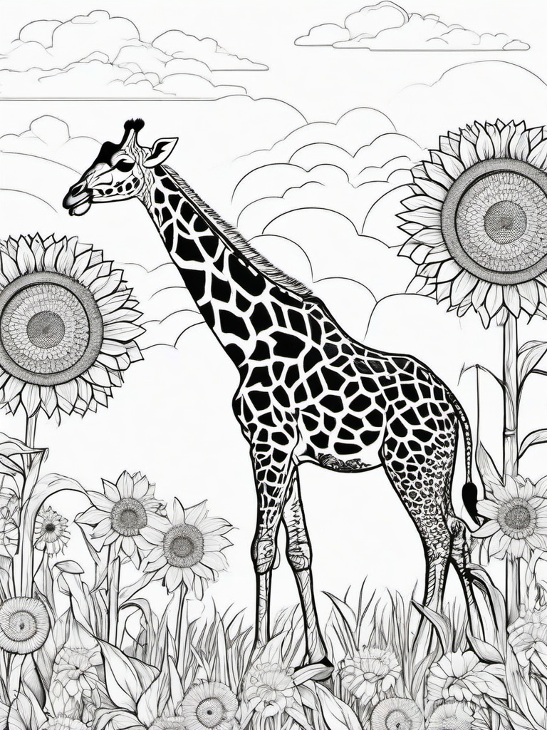 Giraffe Coloring Pages - Giraffe walking through a field of sunflowers  simple coloring pages