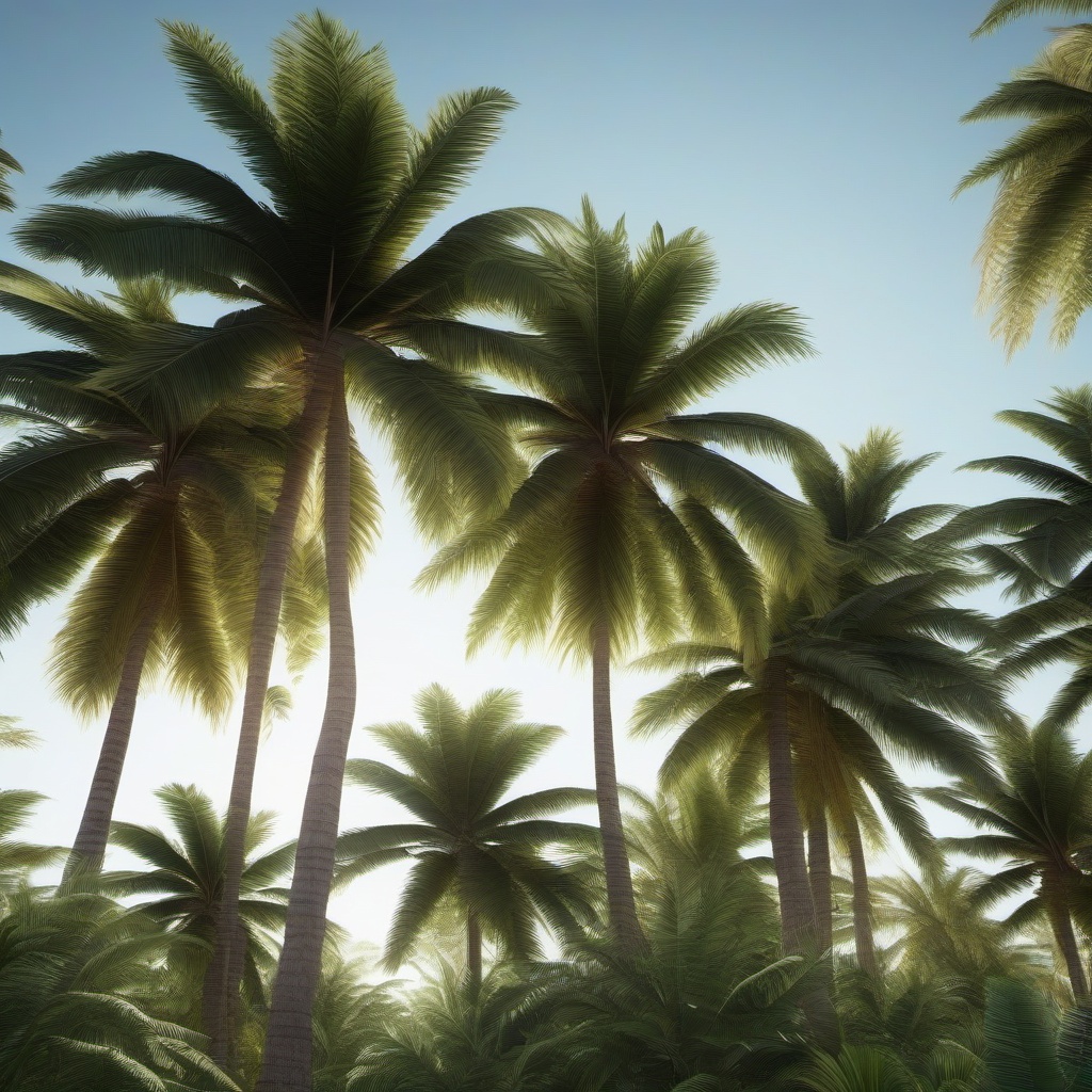 Tropical palm trees swaying in the breeze close shot perspective view, photo realistic background, hyper detail, high resolution