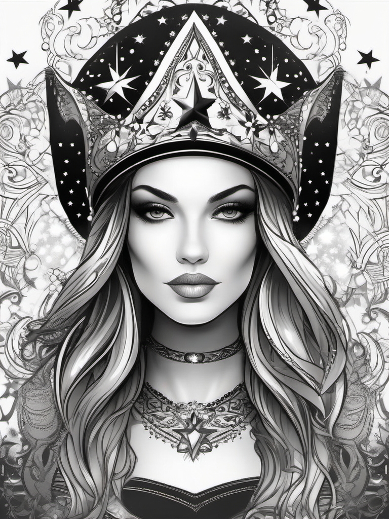 Jester cap and magical stars design: Enchanting and celestial, a touch of magic.  black and white tattoo style