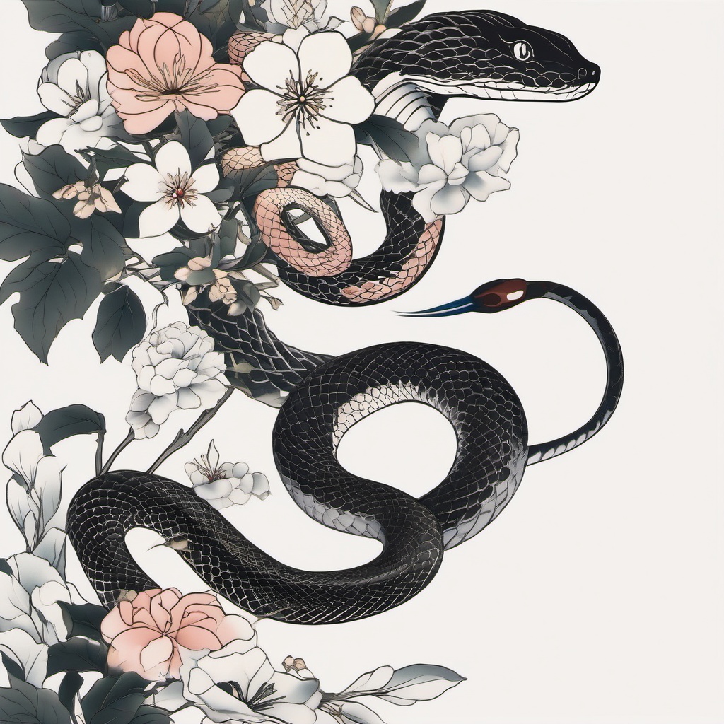 japanese snake and flower tattoo  simple color tattoo,white background,minimal