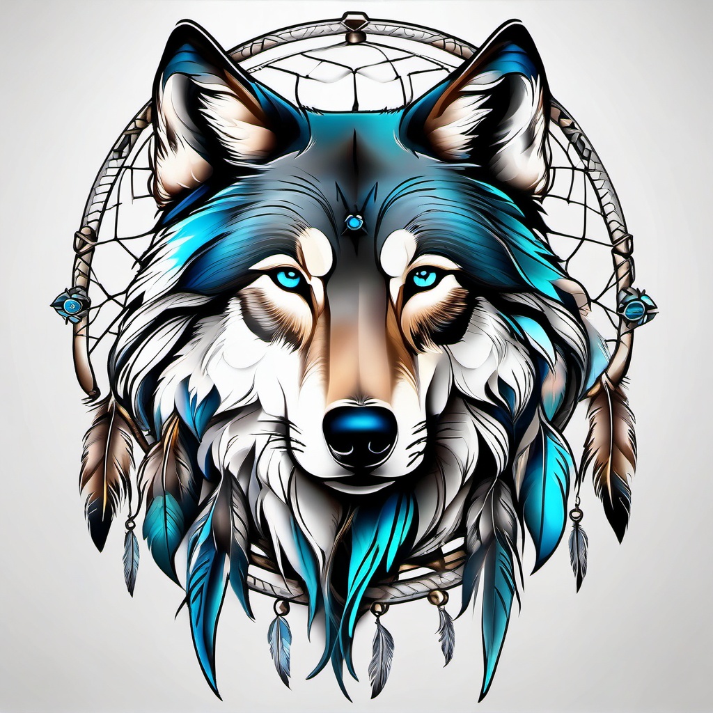 Dream Catcher Tattoo with Wolf,dreamcatcher united with a wolf in a tattoo, protector of dreams and guardian of the wild. , color tattoo design, white clean background