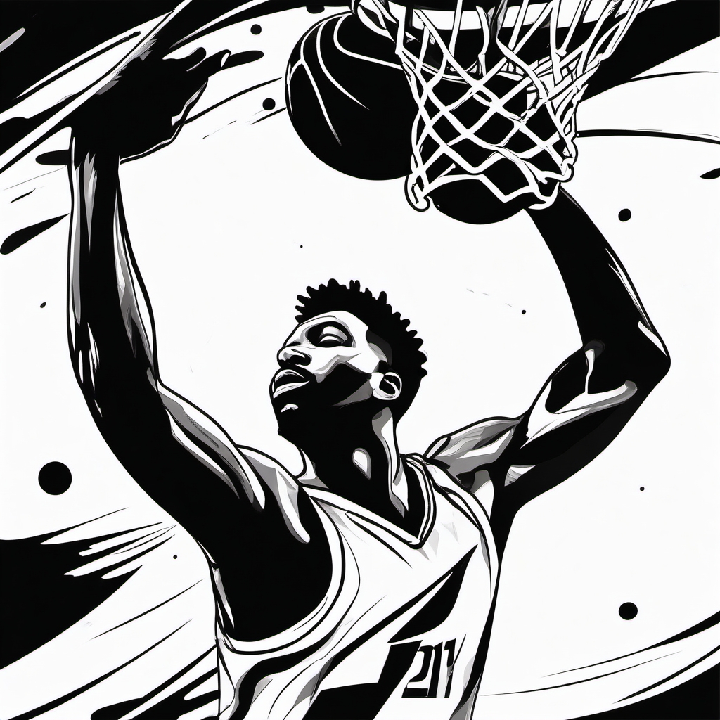 Abstract basketball slam dunk ink. Expressive flight.  black white tattoo style, minimalist design,white background