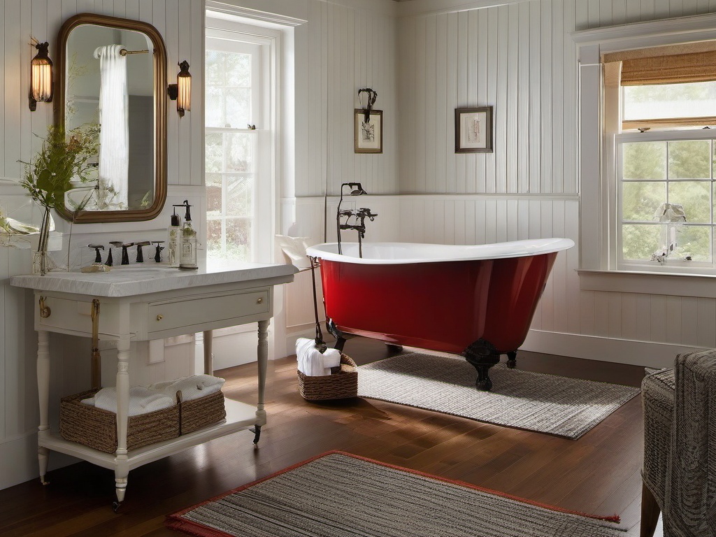 A bathroom with American Colonial interior design features a clawfoot tub, vintage fixtures, and beadboard wainscoting that turns the space into a stylish and timeless oasis.  