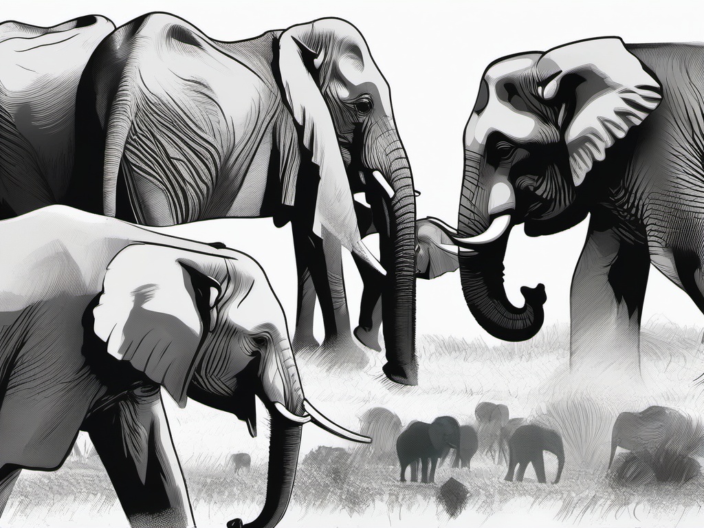 drawing of an elephant herd  minimal rough sketch scribbles,doodles,black and white