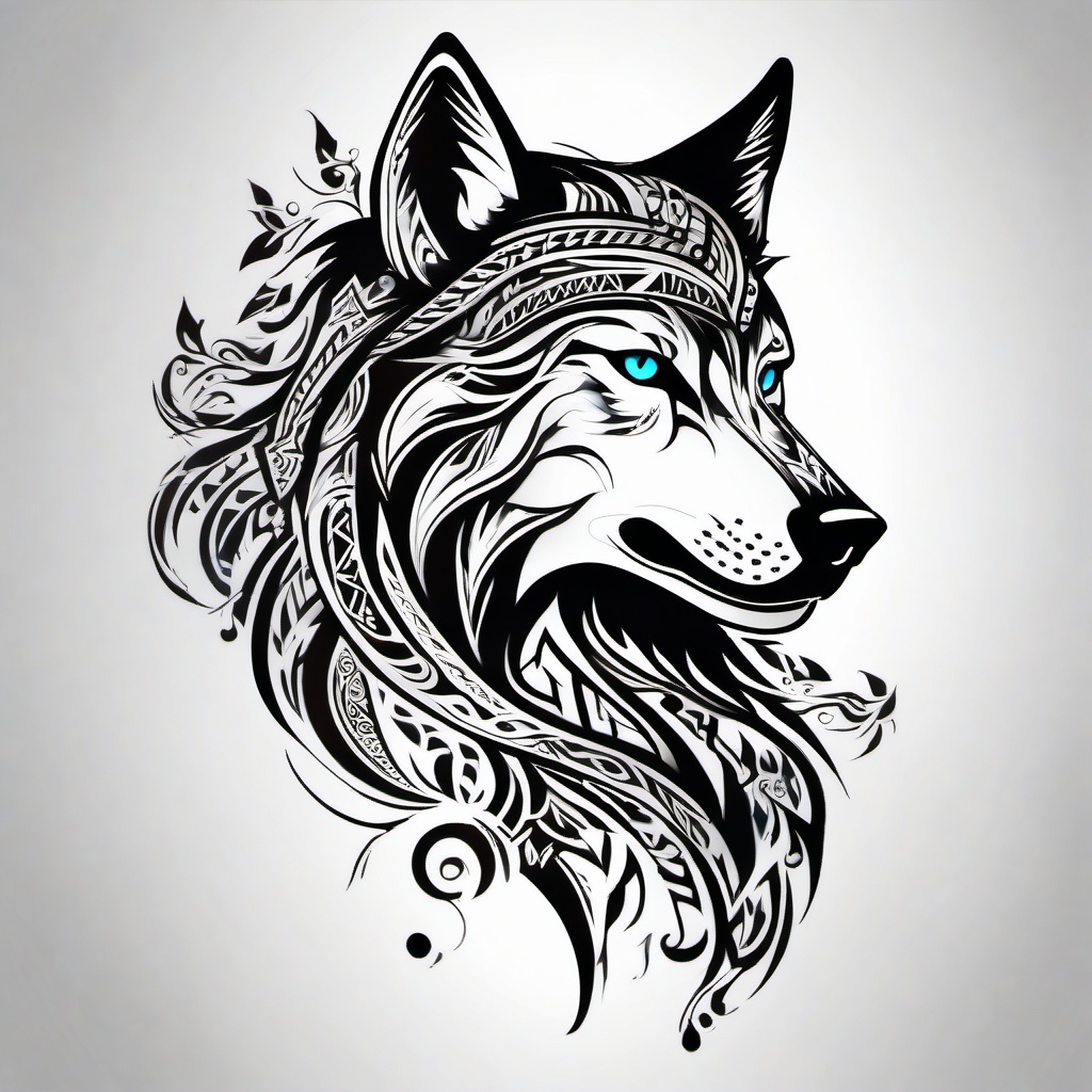 Wolf and Tribal Tattoo,magnificent wolf intertwined with tribal elements, reflecting primal wisdom and unity with nature. , tattoo design, white clean background