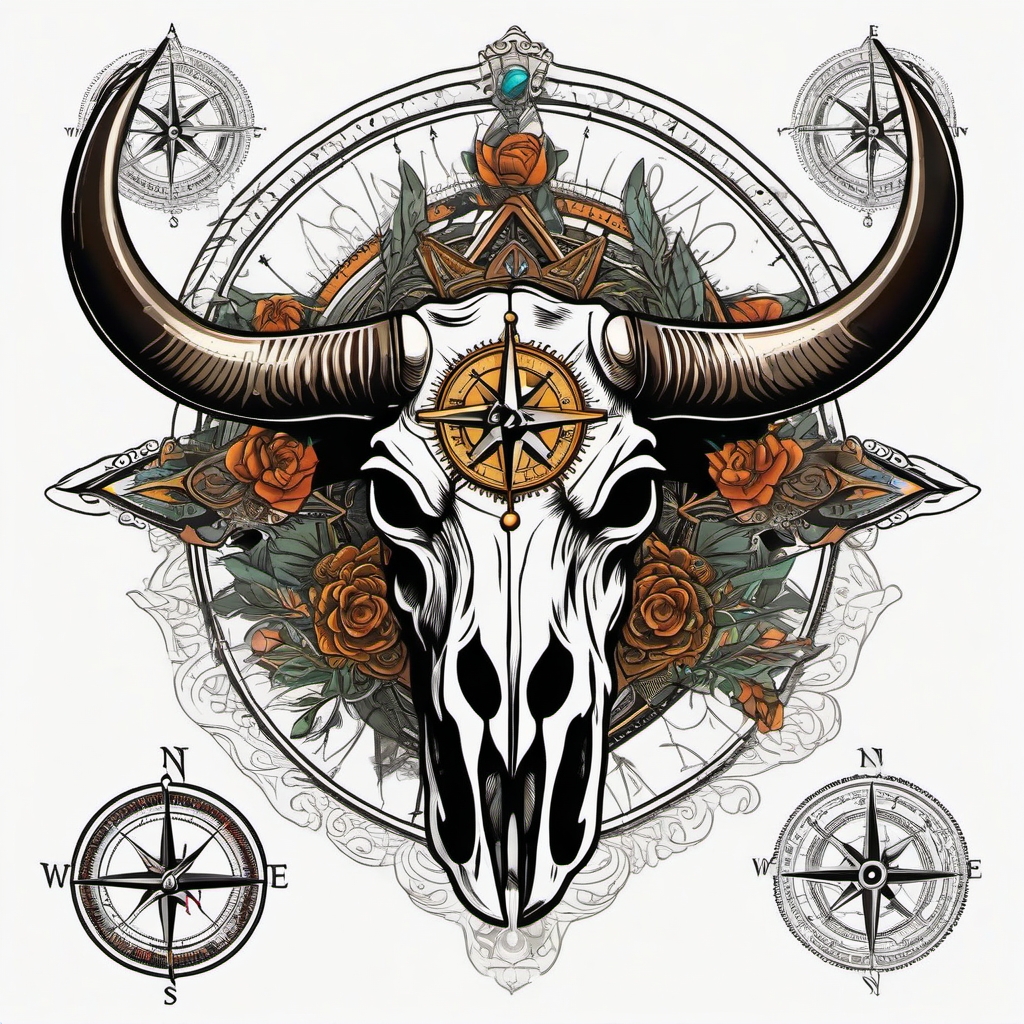 Bull skull with compass rose tattoo. Direction in the wild journey.  color tattoo design, white background