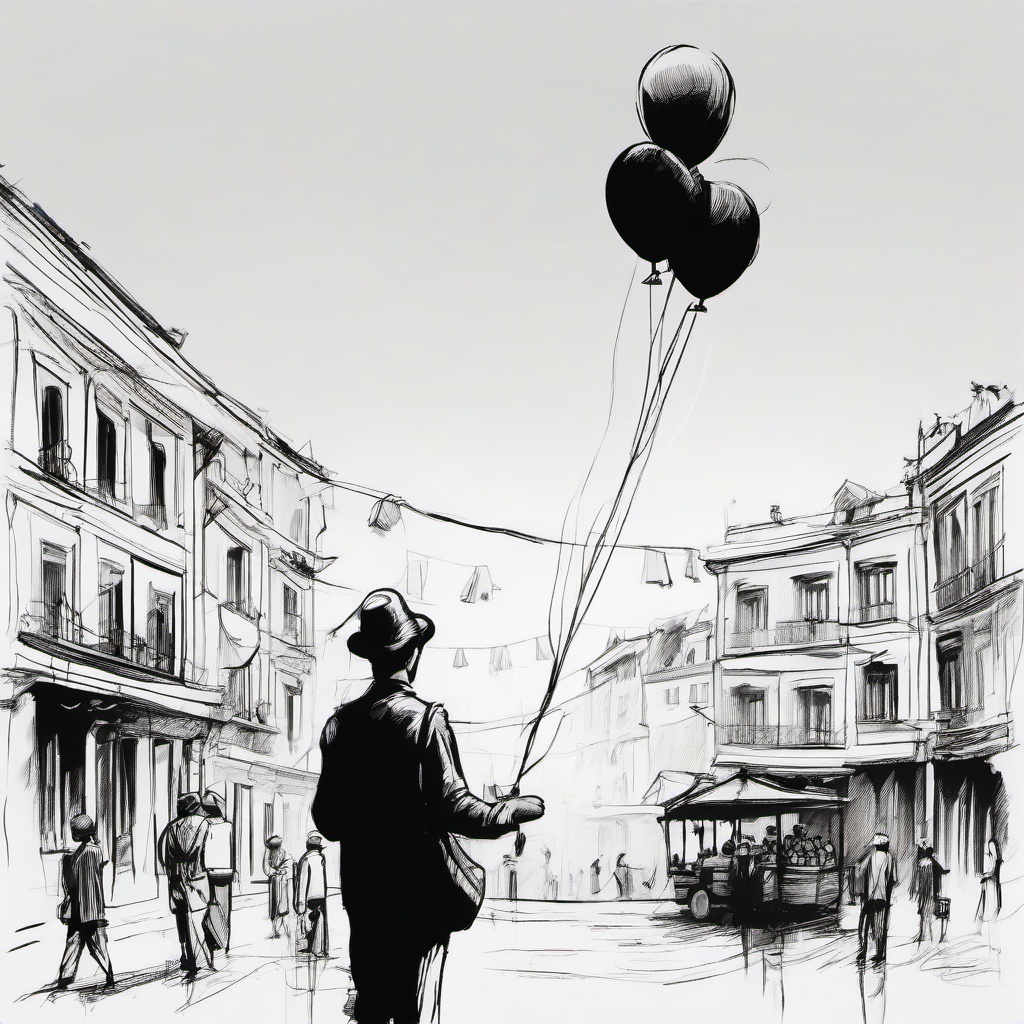 drawing of a balloon seller  minimal rough scribbles,doodles,black and white