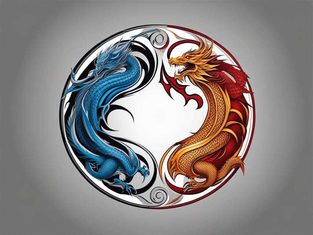 Tattoo dragon yin yang, Tattoos that combine dragon imagery with the symbolism of yin and yang.  color, tattoo style pattern, clean white background