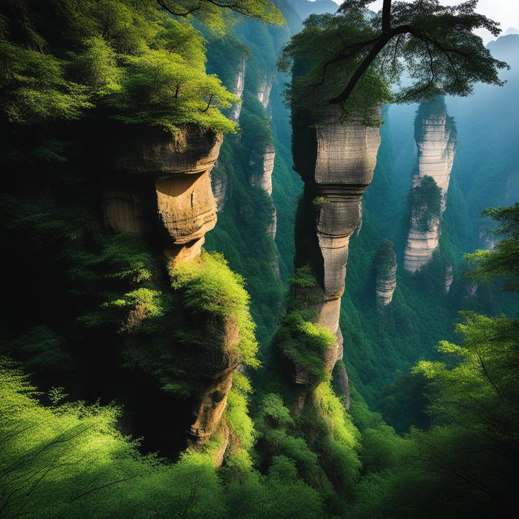 wulingyuan scenic area - illustrate the dreamscape of thousands of sandstone pillars and lush greenery in wulingyuan, a unesco world heritage site. 