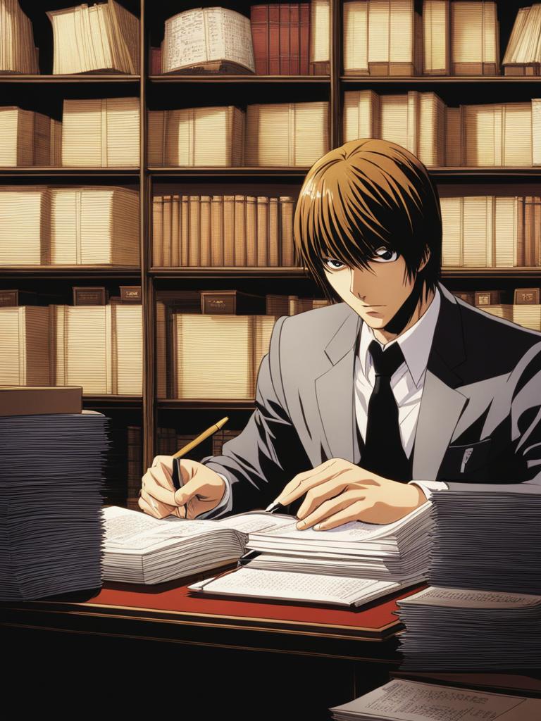 light yagami writes names in the death note while sitting at a meticulously organized desk. 