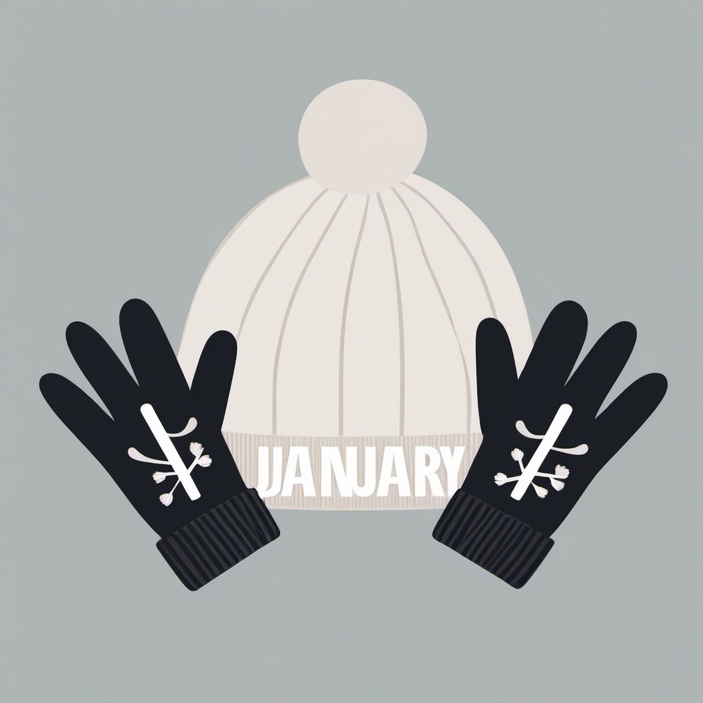 January clipart - winter hat and gloves with the word January  color,minimalist,vector clipart